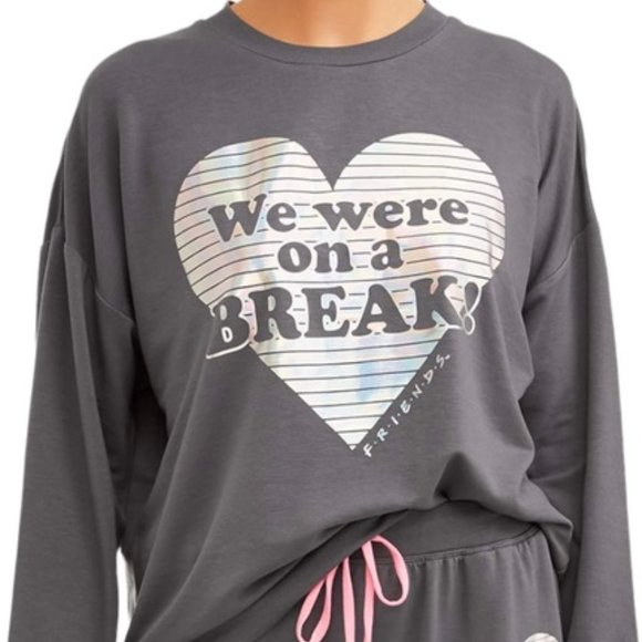 Friends "We Were on a Break!" Cozy Comfy Sleep Shirt Gray w Pink Stripe - M - Picture 2 of 8